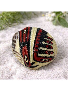 Hand-Painted Vintage Seashell Brooch Pin With Tribal Design Signed KT '89